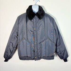 RefrigiWear Black Bomber Jacket Insulated WorkWear Faux Fur Collar Sz2XL Winter